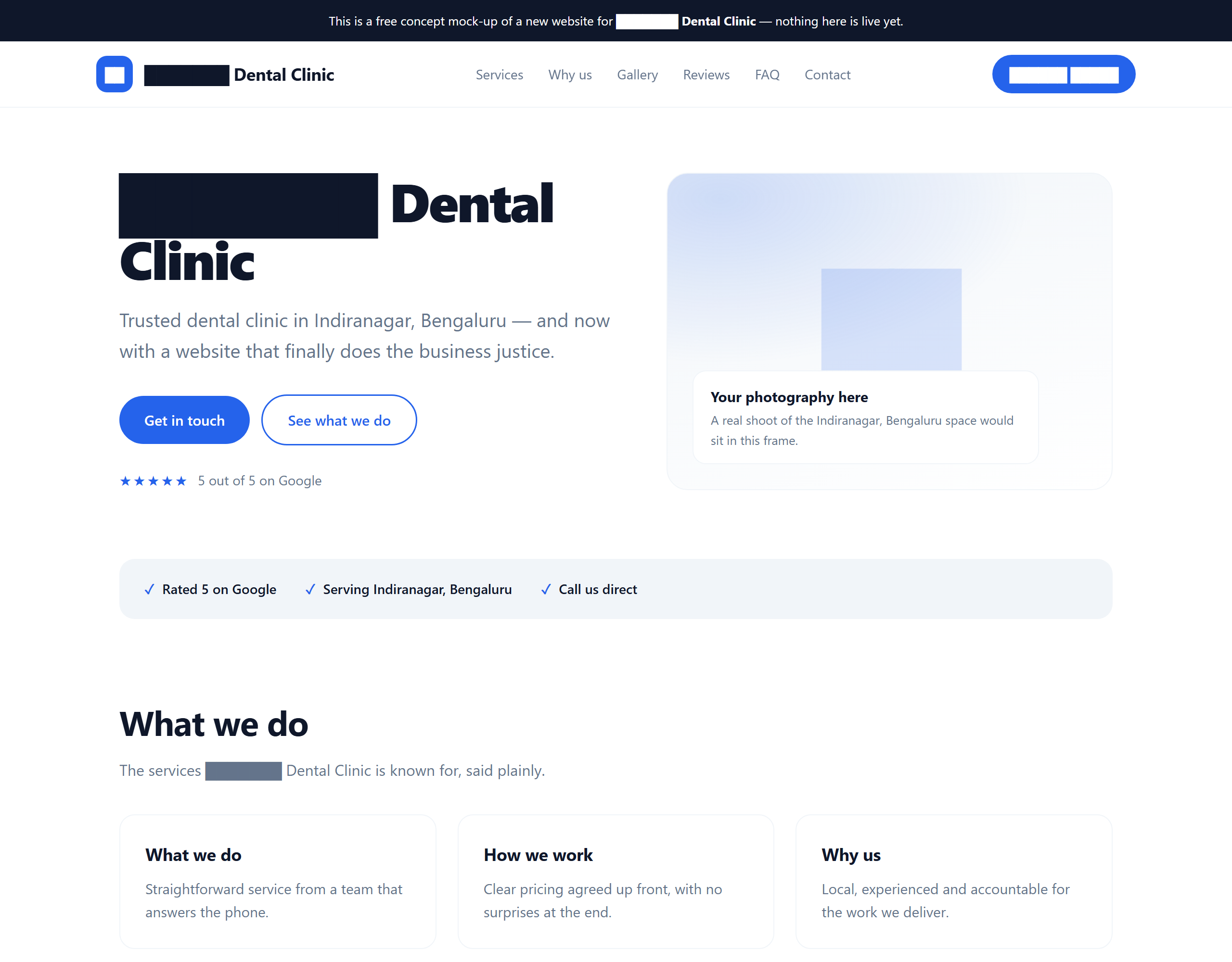 The concept homepage Nebulora generated for the clinic, with the business name redacted.